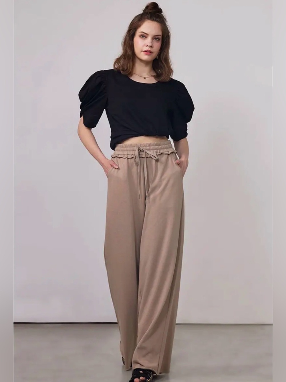 Elevated Wide Leg Drawstring Pants | Ash Mocha | SM130